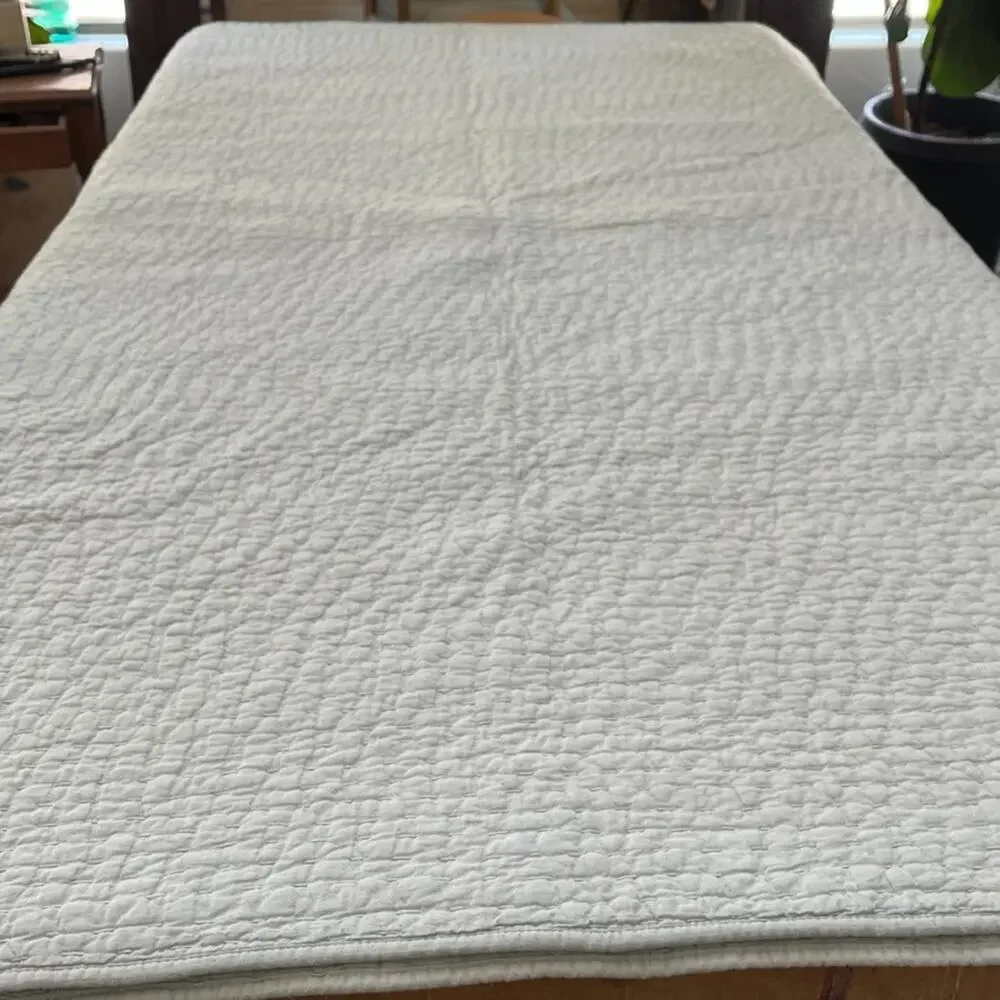 Pottery Barn Pick-Stitch Cotton Linen Blue Green Quilt 104